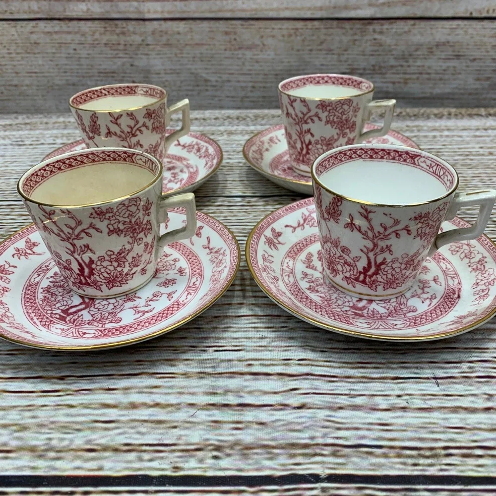 Antique Red Floral‎ Tea Cups and Saucers Set of 4 Orchid China Vintage